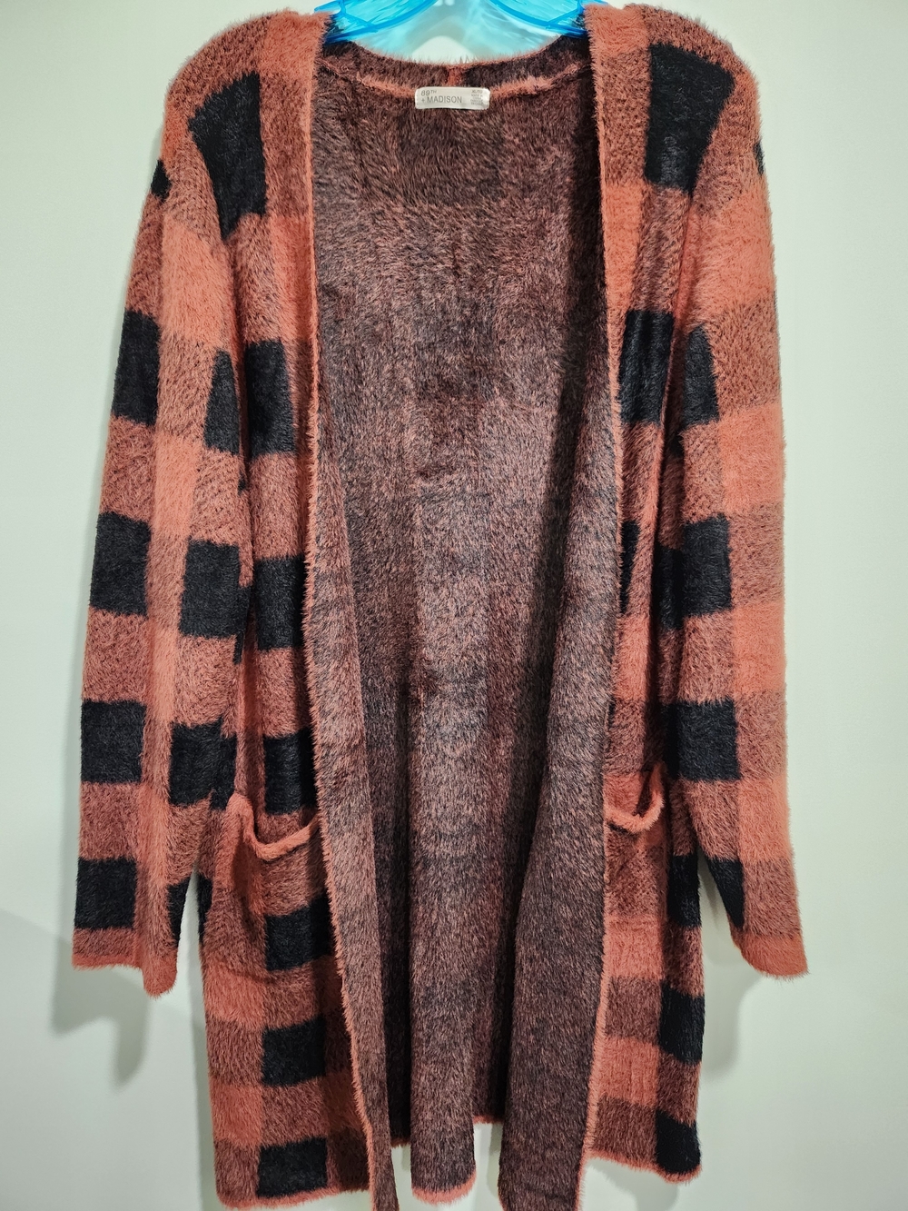 89th & Madison Open-Front Plaid Cardigan in Rust and Black
